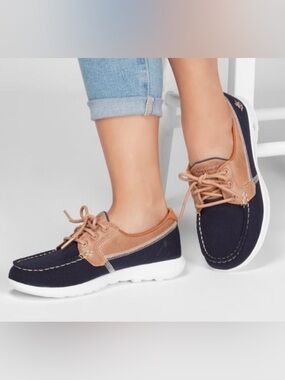 Skechers Womens Size 9 Navy & Tan GOwalk Boat Shoes Flex Comfort Casual Shoes